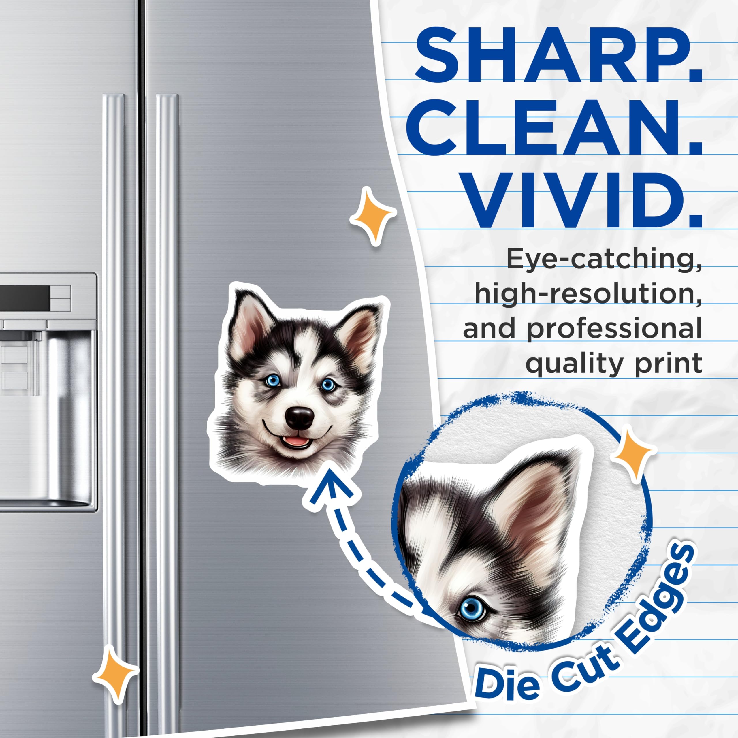 (2 Pack) Smiling Husky Puppy Magnets - Blue Eyed Dog Decor - Adorable Siberian Canine Art - 5 Inches On Longest Side - Thick Durable Magnet - Made in USA - MAG24317