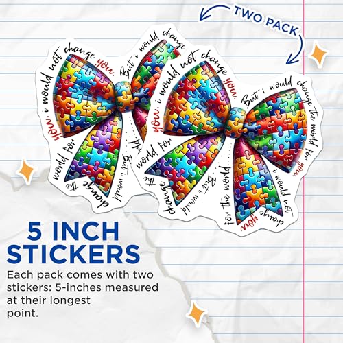(2 Pack) Autism Awareness Puzzle Ribbon Stickers - Inspirational Quote - Colorful Bow Stickers - 5" On Longest Side - Sticks to Smooth Flat Surfaces - Made in USA - BMCS9410