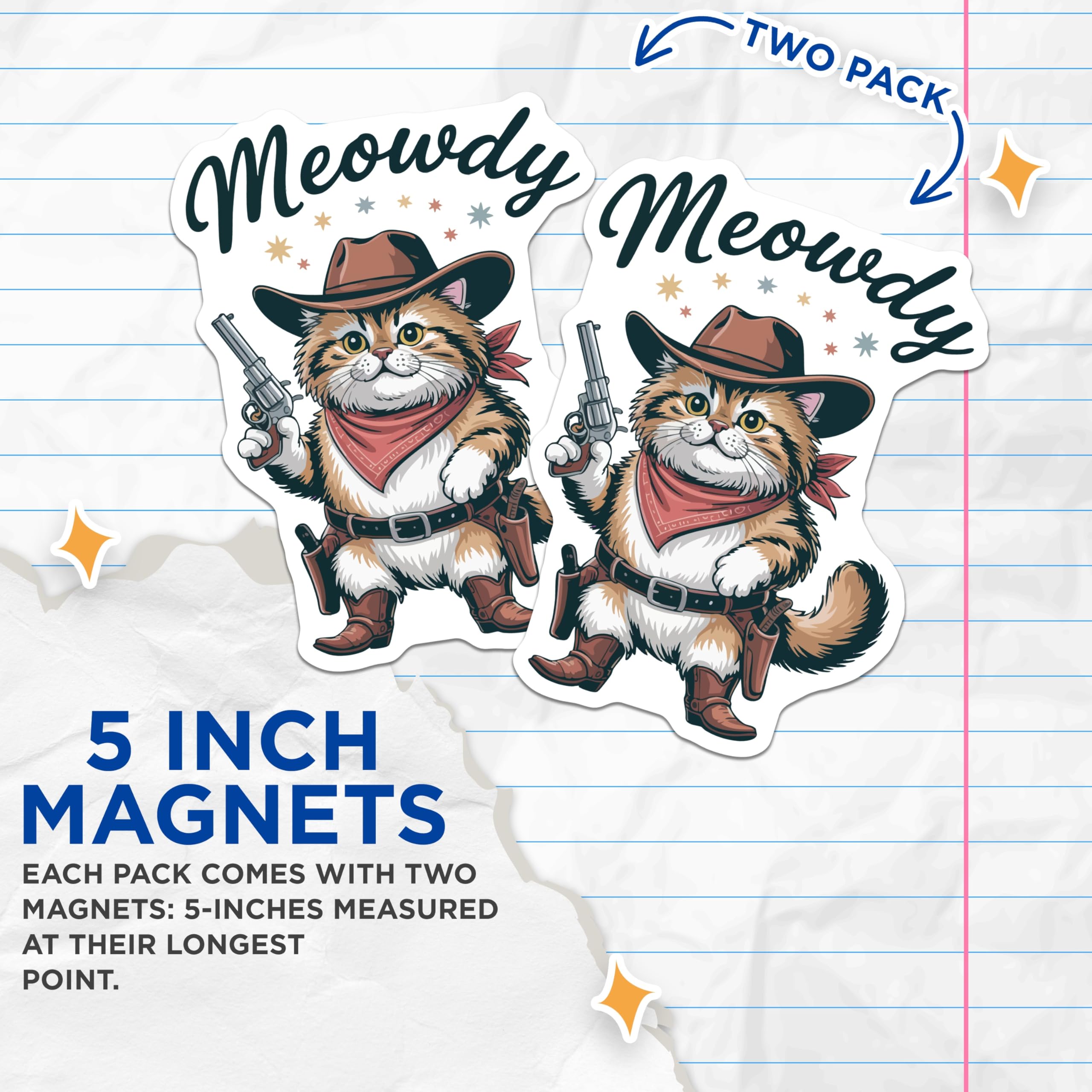 (2 Pack) Meowdy Cowboy Cat Magnets - Funny Western Kitty with Revolver Art - Wild West Feline Refrigerator Decor - 5 Inches On Longest Side - Thick Durable Magnet - Made in USA - MAG21261