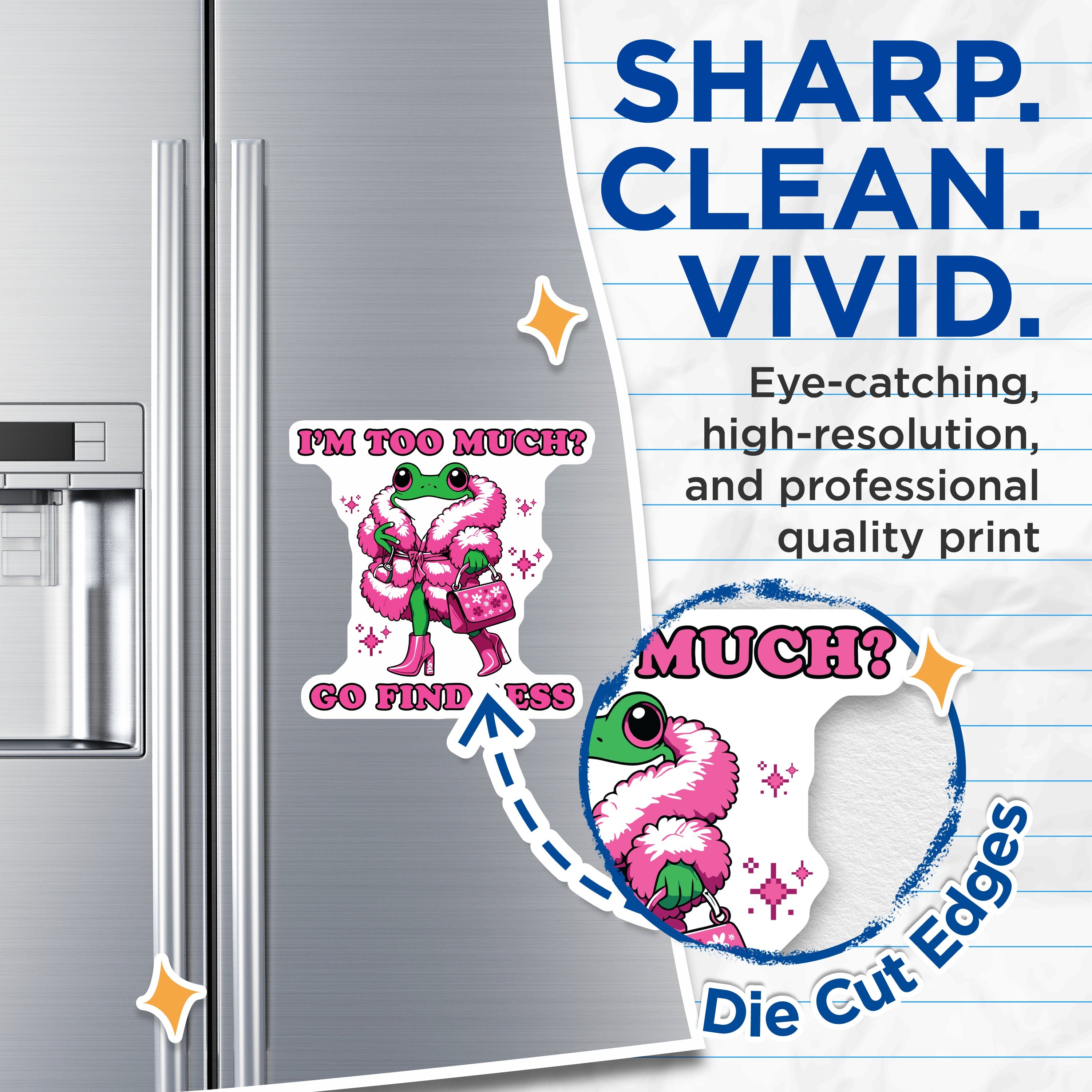 (2 Pack) Sassy Frog Magnets - Too Much Quote - Pink Fur Coat - Funny Animal Fridge Magnet - 5 Inches On Longest Side - Thick Durable Magnet - Made in USA - MAG38258
