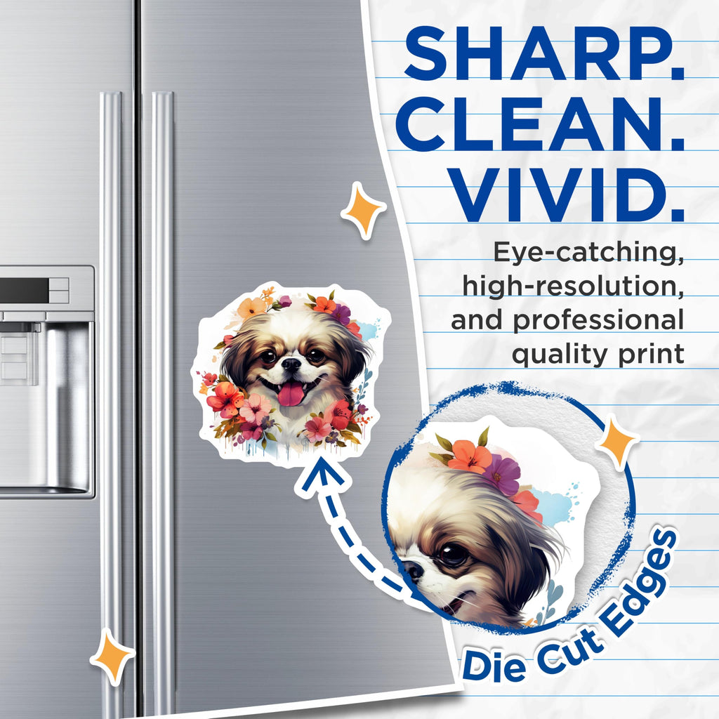 (2 Pack) Happy Shih Tzu Dog Magnets - Smiling Floral Puppy Art - Refrigerator Locker Accent - 5 Inches On Longest Side - Thick Durable Magnet - Made in USA - MAG23997