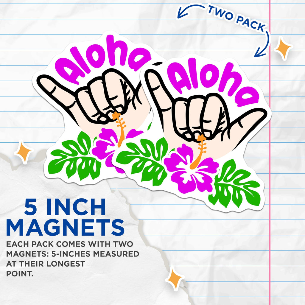 (2 Pack) Aloha Shaka Hand Magnets - Hawaiian Vibe Decor - Tropical Flower Art - 5 Inches On Longest Side - Thick Durable Magnet - Made in USA - MAG19861