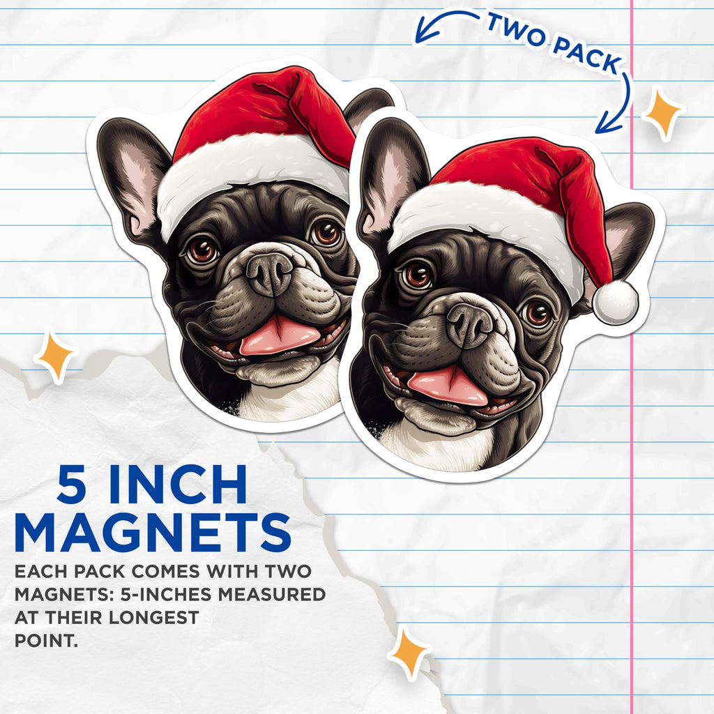 (2 Pack) French Bulldog Christmas Magnets - Santa Dog Decor - Holiday Frenchie Refrigerator Art - 5 Inches On Longest Side - Thick Durable Magnet - Made in USA - MAG25267