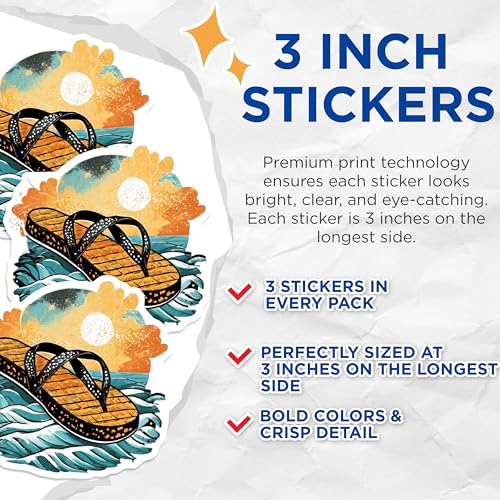 (3 Pack) Flip Flop Decals - Beach Theme - Summer Vibes - 3 Inches On Longest Side - Easy Peel & Apply - Made in USA - 3MCS8073