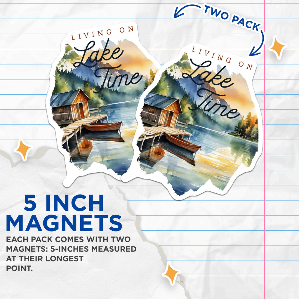 (2 Pack) Lake House Decor Magnets - Cabin Time Art - Serene Lakeside Scene - Watercolor Landscape Present - 5 Inches On Longest Side - Thick Durable Magnet - Made in USA - MAG36548
