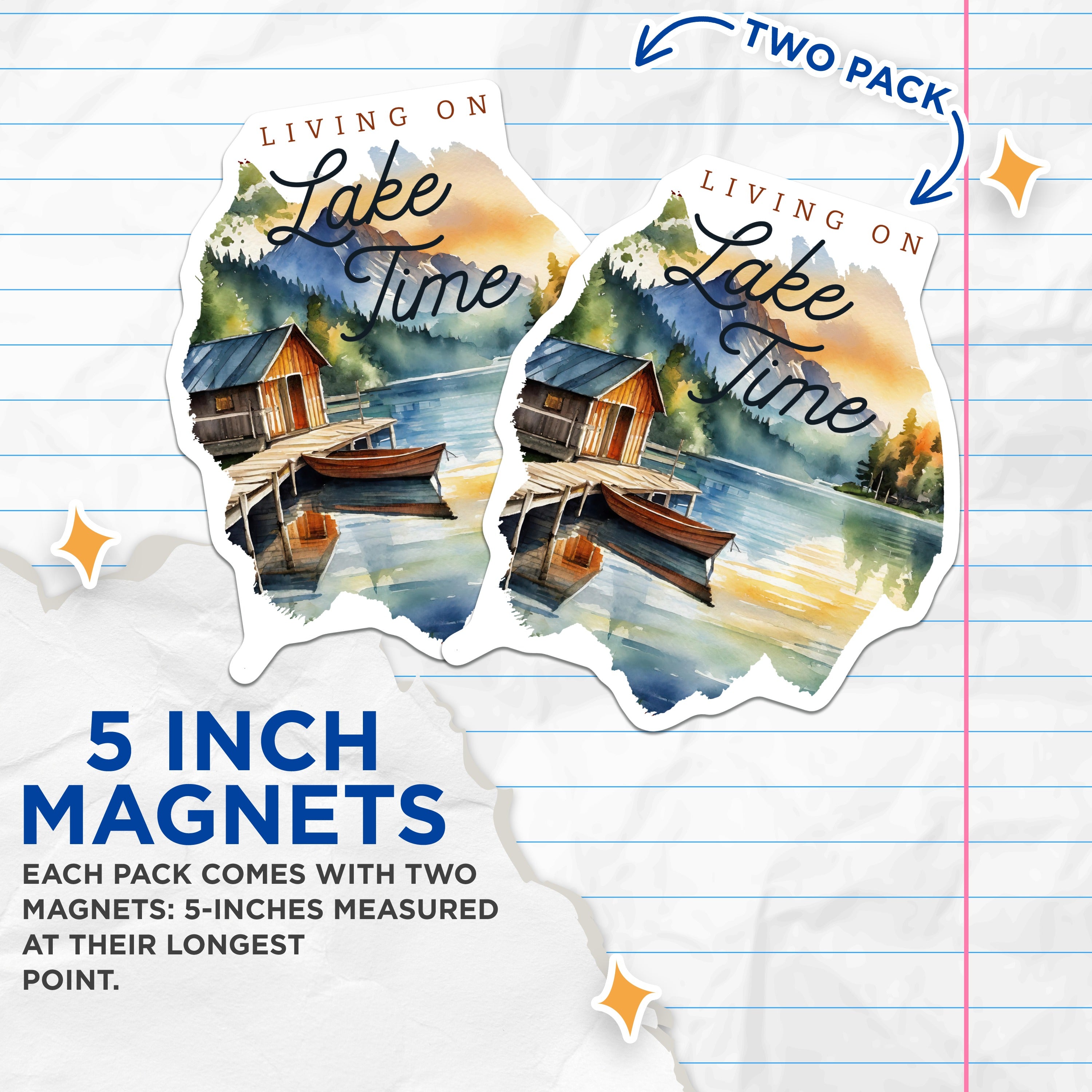 (2 Pack) Lake House Decor Magnets - Cabin Time Art - Serene Lakeside Scene - Watercolor Landscape Present - 5 Inches On Longest Side - Thick Durable Magnet - Made in USA - MAG36548