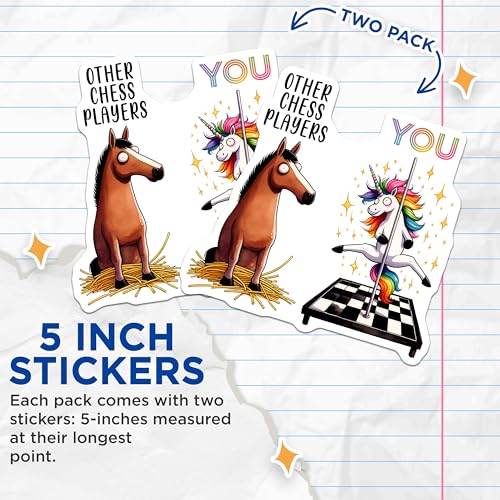 (2 Pack) Funny Chess Players Stickers - Unique Unicorn Stickers - Cute Horse Stickers for Laptop and Water Bottle - 5" On Longest Side - Sticks to Any Smooth Flat Surface - Made in USA - BMCS3186