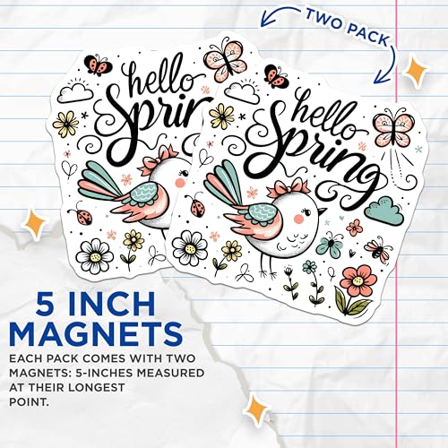 (2 Pack) Hello Spring Magnets - Springtime Decor for Home or Office - 5" On Longest Side - for Cars, Fridges, Toolboxes - Made in USA - MAG800