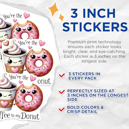 (3 Pack) Coffee and Donut Decals - Cute Food Puns - Kawaii Sweet Treat - 3 Inches On Longest Side - Easy Peel & Apply - Made in USA - 3MCS2174