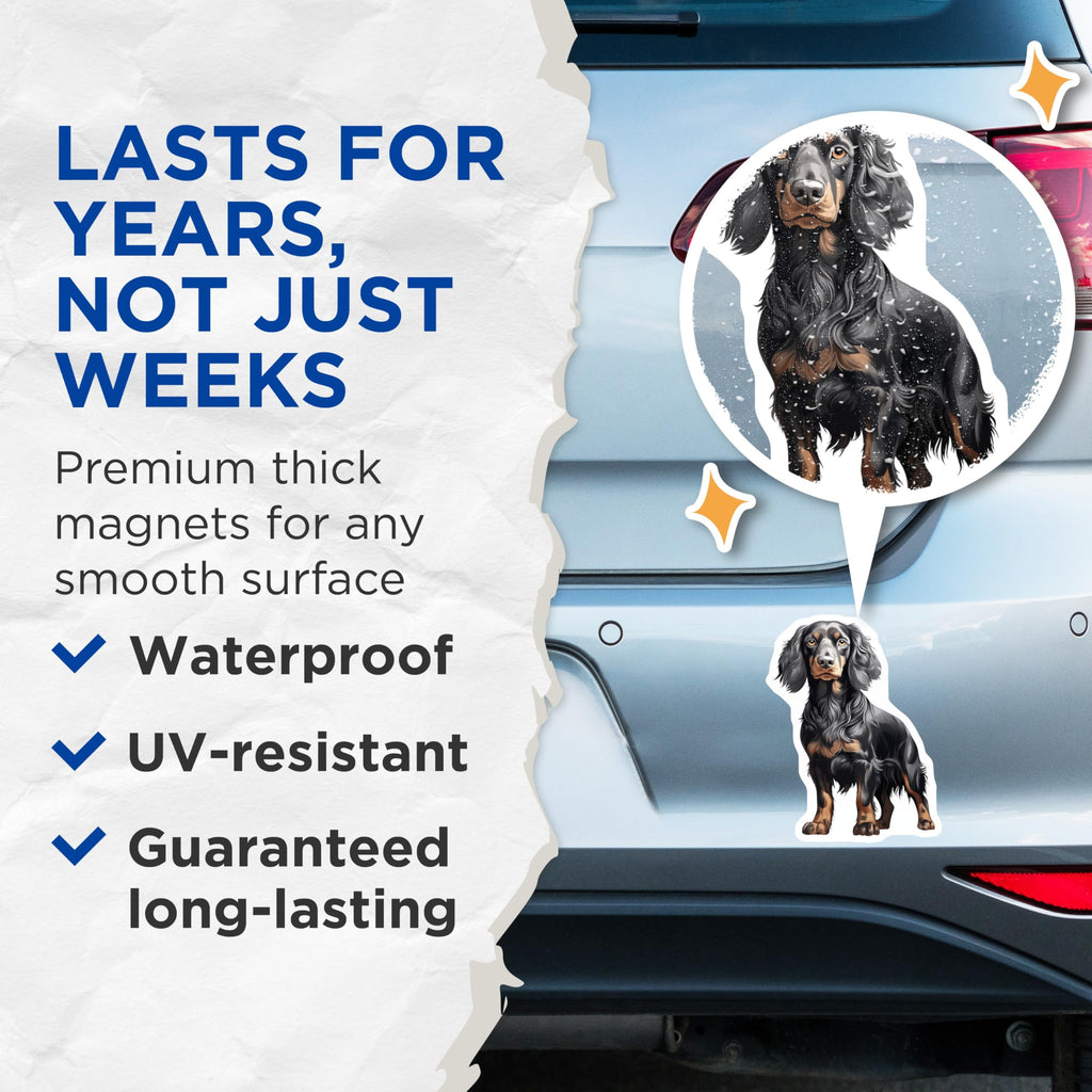 (2 Pack) Black Tan Long Haired Dachshund Magnets - Detailed Dog Art - Pet Lover Fridge Decor - 5 Inches On Longest Side - Thick Durable Magnet - Made in USA - MAG26636