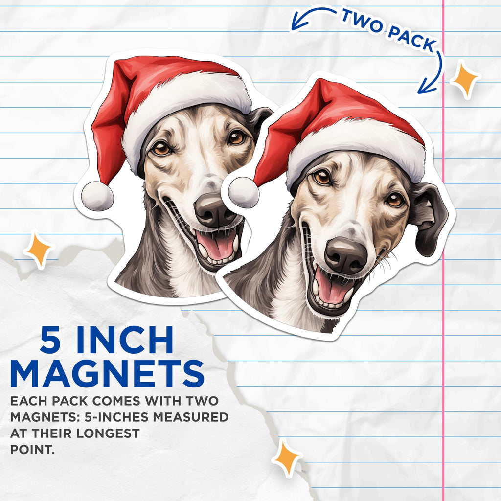 (2 Pack) Christmas Greyhound Magnets - Festive Dog Lover Decor - Happy Hound Refrigerator Holiday Cheer - 5 Inches On Longest Side - Thick Durable Magnet - Made in USA - MAG29029