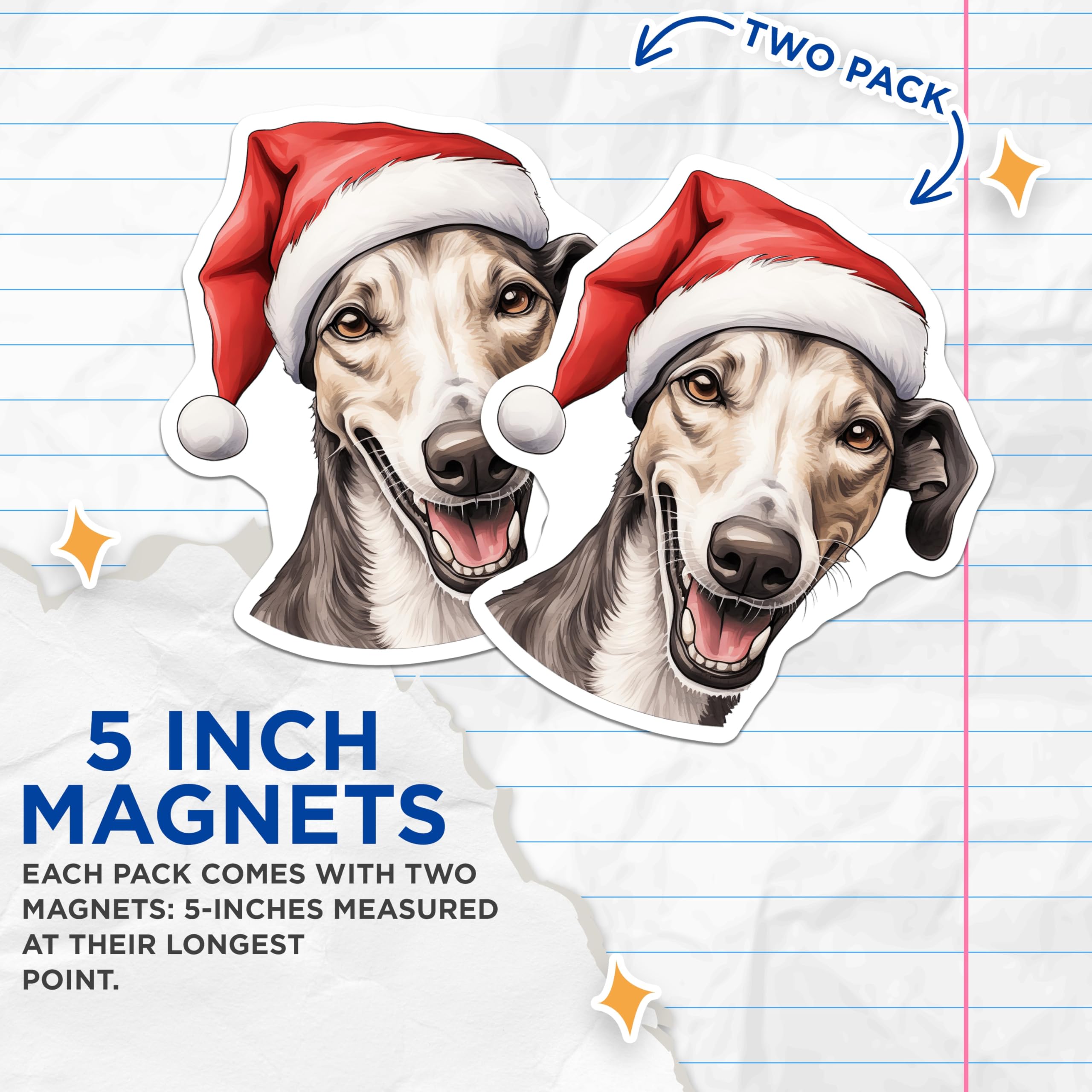 (2 Pack) Christmas Greyhound Magnets - Festive Dog Lover Decor - Happy Hound Refrigerator Holiday Cheer - 5 Inches On Longest Side - Thick Durable Magnet - Made in USA - MAG29029