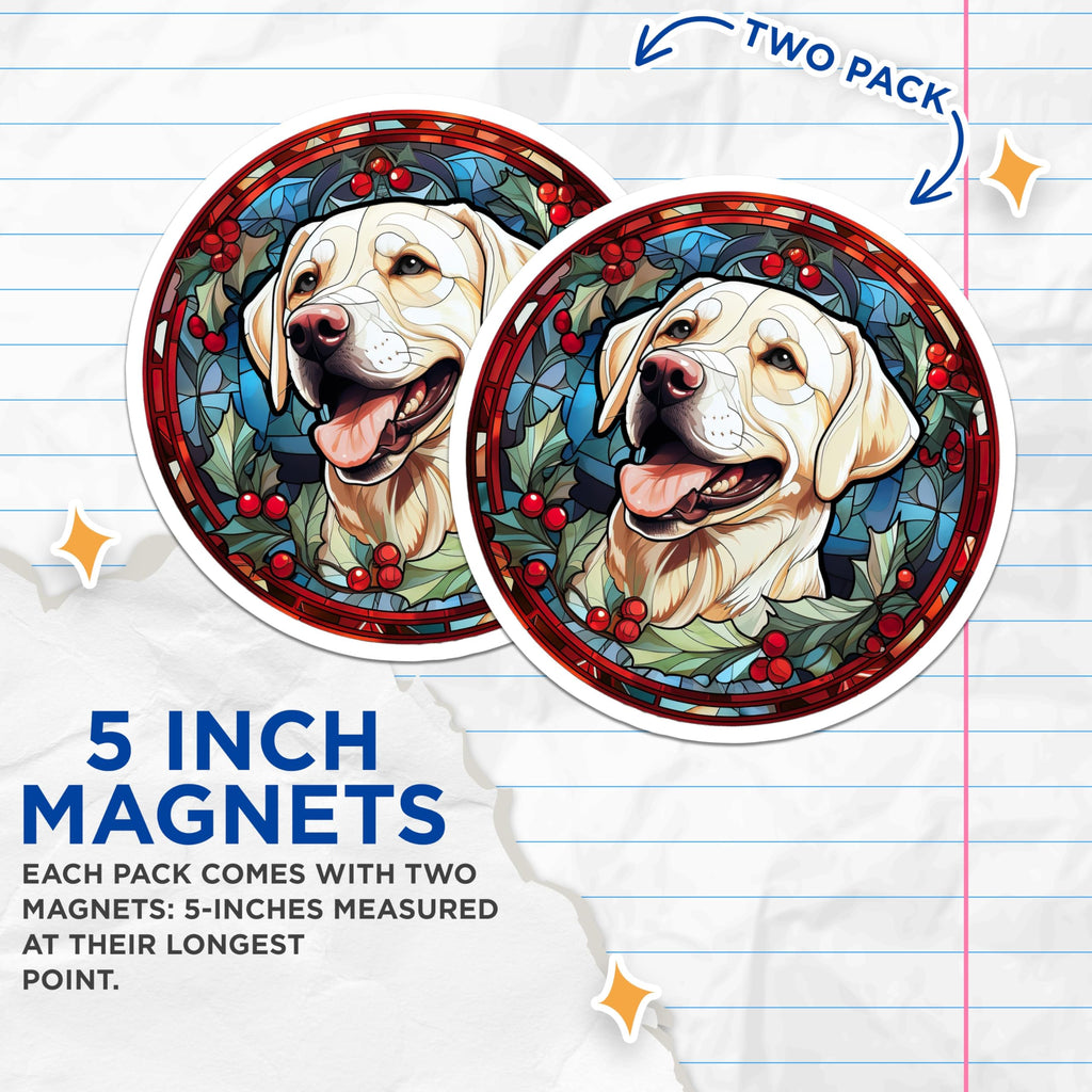 (2 Pack) Yellow Labrador Magnets - Stained Glass Christmas Dog - Holiday Pet Lover Decor - Lab Retriever Art - 5 Inches On Longest Side - Thick Durable Magnet - Made in USA - MAG29367