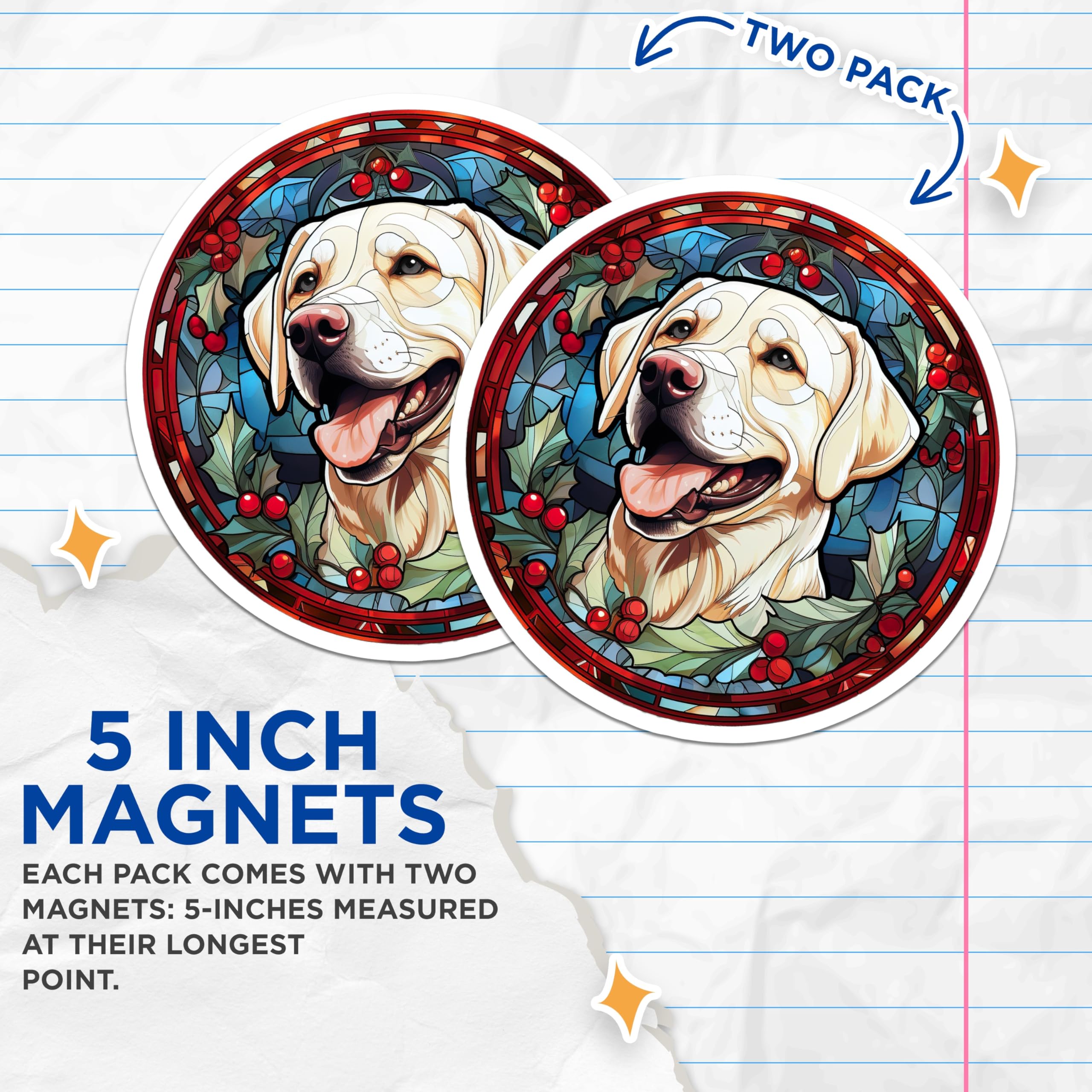 (2 Pack) Yellow Labrador Magnets - Stained Glass Christmas Dog - Holiday Pet Lover Decor - Lab Retriever Art - 5 Inches On Longest Side - Thick Durable Magnet - Made in USA - MAG29367