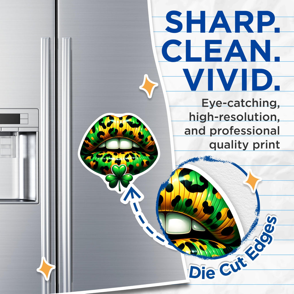 (2 Pack) St Patricks Day Lips Magnets - Shamrocks - Leopard Print - Lucky Irish Decor - 5" On Longest Side - Premium Magnet - for Cars, Refrigerators, Toolboxes, Lockers - Made in USA - MAG17136