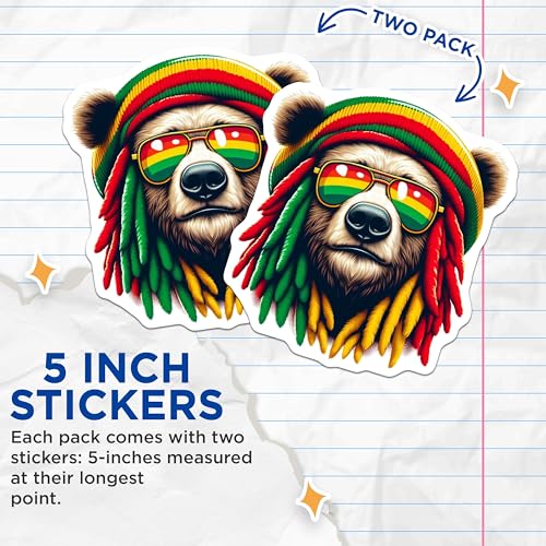 (2 Pack) Rasta Bear Stickers - Cool Bear Sticker - Rasta Theme Sticker - Bear Sticker - 5" On Longest Side - Sticks to Smooth Flat Surfaces - Made in USA - BMCS4383