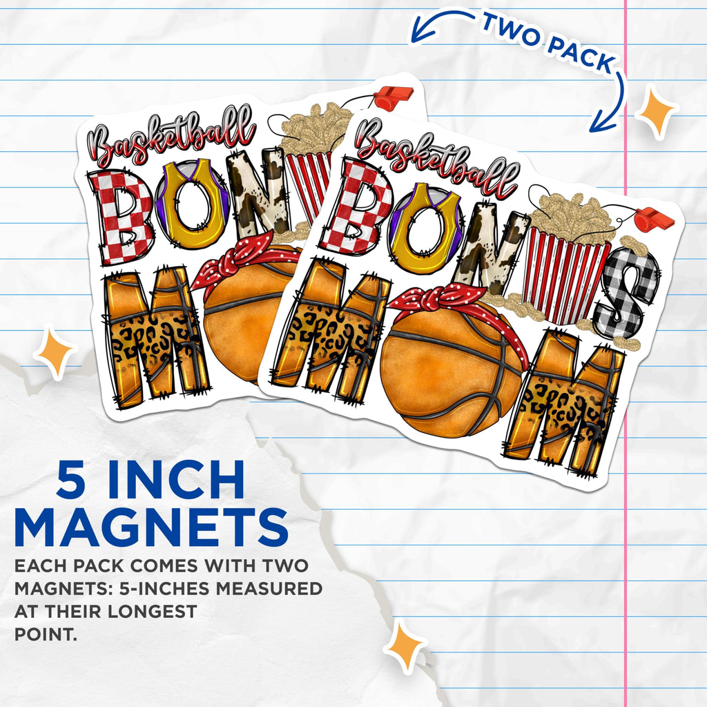 (2 Pack) Basketball Bonus Mom Magnets - Game Day Supporter - Stepmom Fan Appreciation - 5 Inches On Longest Side - Thick Durable Magnet - Made in USA - MAG30690