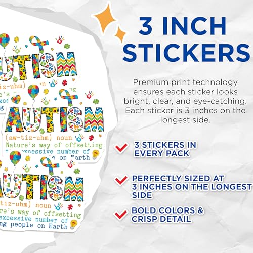 (3 Pack) Autism Decals - Autism Awareness Stickers - Autism Puzzle Pieces Decal - 3 Inches On Longest Side - Easy Peel & Apply - Made in USA - 3MCS7288