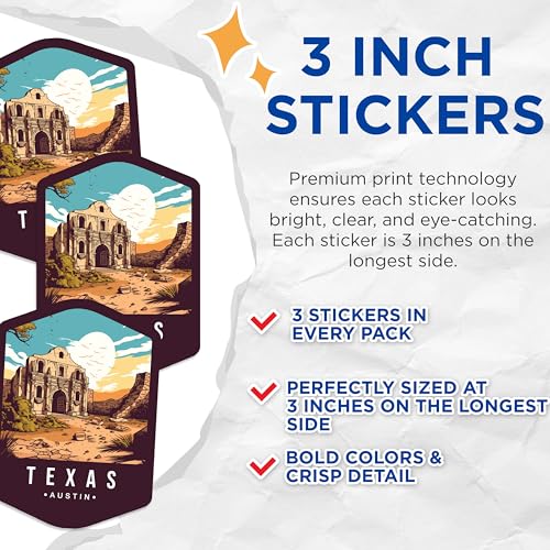 (3 Pack) Alamo Texas Decals - Austin Landmark - Texas Travel Decals - 3 Inches On Longest Side - Easy Peel & Apply - Made in USA - 3MCS0384
