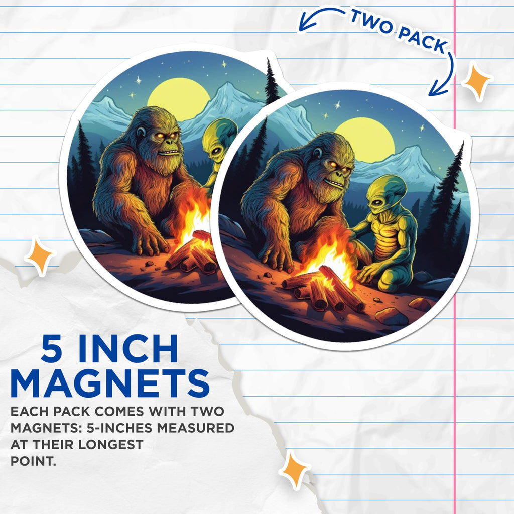 (2 Pack) Bigfoot Alien Campfire Magnets - Sasquatch Extraterrestrial Forest Scene - Cryptid UFO Night Sky Decor - 5 Inches On Longest Side - Thick Durable Magnet - Made in USA - MAG22321