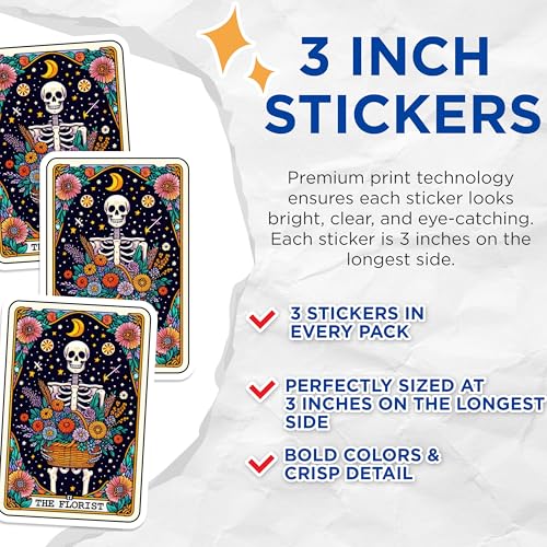 (3 Pack) Florist Skeleton Decals - Tarot Card Art - Floral Skeleton Decal - 3 Inches On Longest Side - Easy Peel & Apply - Made in USA - 3MCS4177