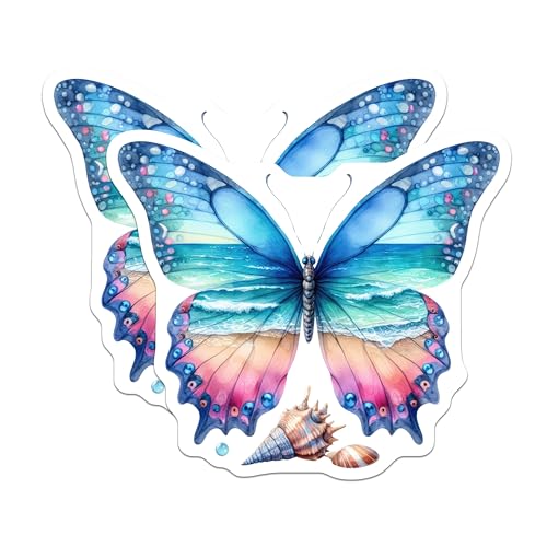 (2 Pack) Butterfly Stickers - Beach Shell Stickers - Colorful Nature Stickers - 5" On Longest Side - Sticks to Smooth Flat Surfaces - Made in USA - BMCS7276