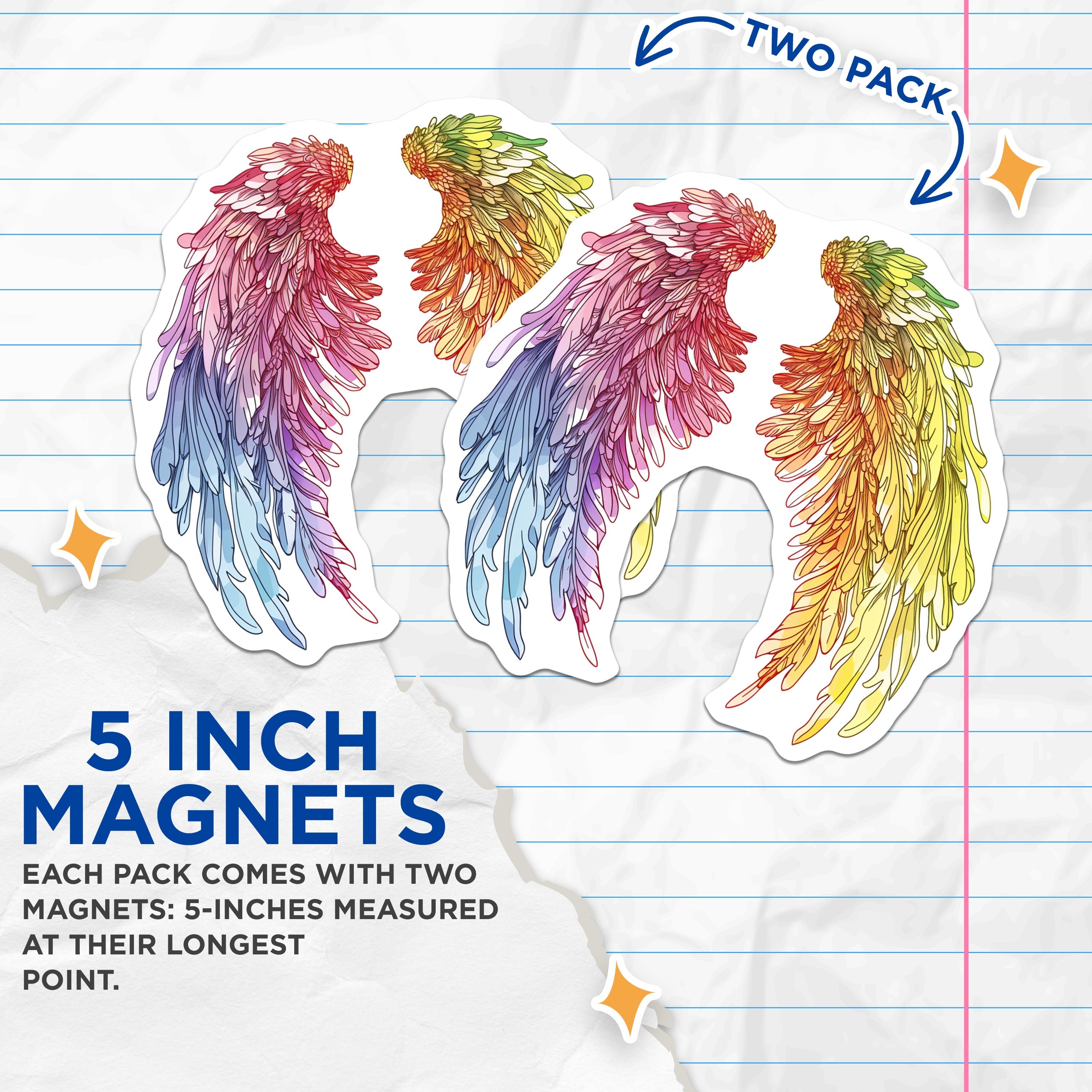 (2 Pack) Rainbow Wings Magnets - Fantasy Aesthetic Decor - Spiritual Home Accent - 5 Inches On Longest Side - Thick Durable Magnet - Made in USA - MAG39679