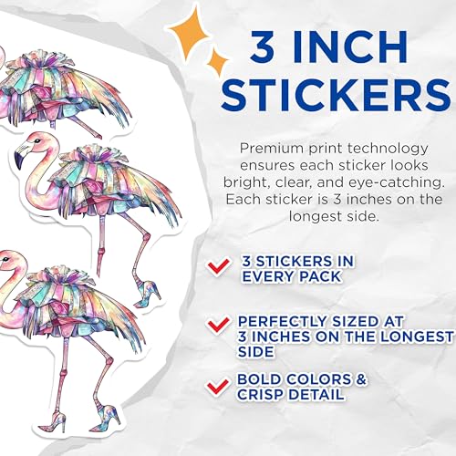 (3 Pack) Glam Flamingo Decals - Fashionable Bird Stickers - Laptop Decal - 3 Inches On Longest Side - Easy Peel & Apply - Made in USA - 3MCS8284