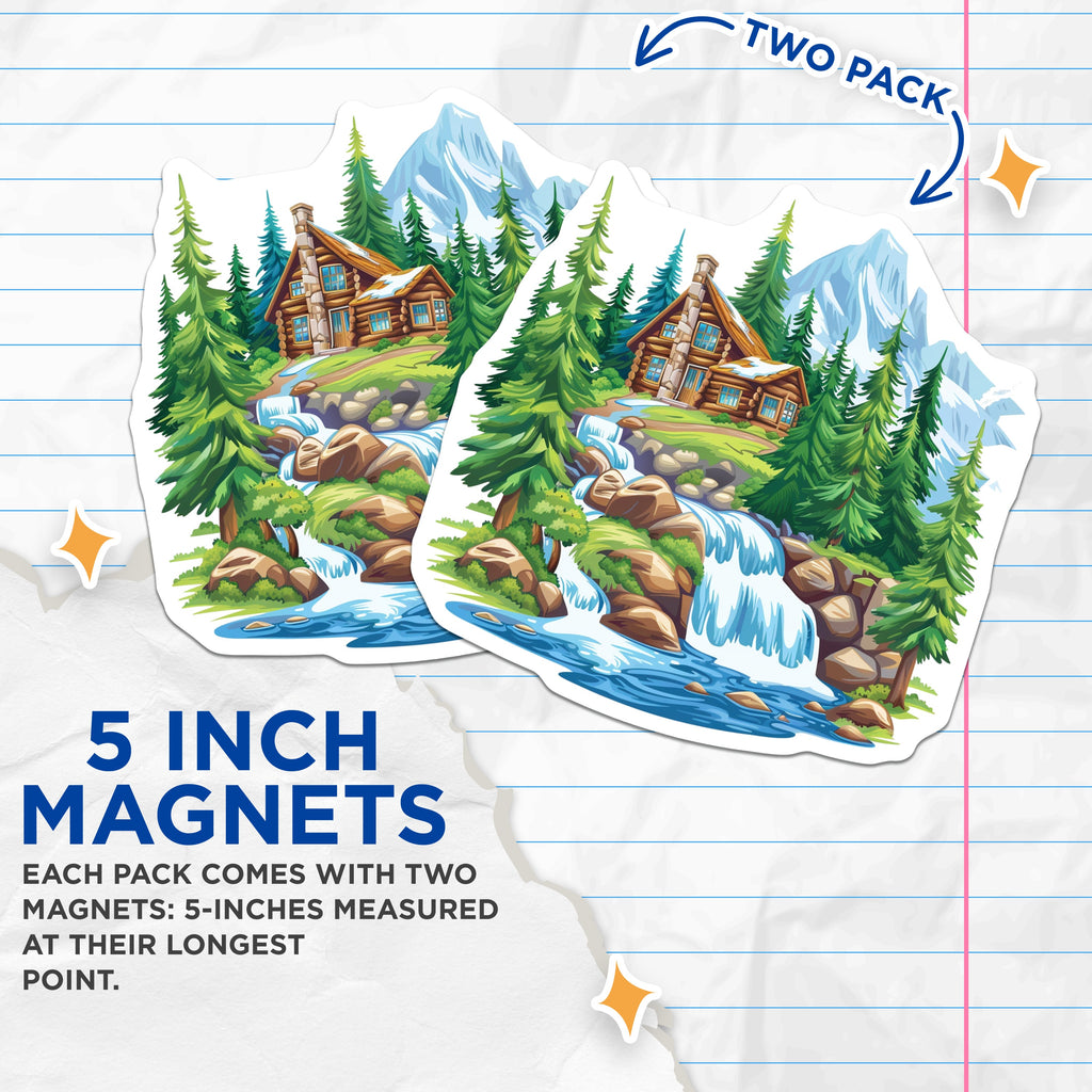 (2 Pack) Log Cabin Mountain Scene Magnets - Nature Landscape Decor - Rustic Woodland Fridge Magnet Set for Outdoorsy Home - 5 Inches On Longest Side - Thick Durable Magnet - Made in USA - MAG39609
