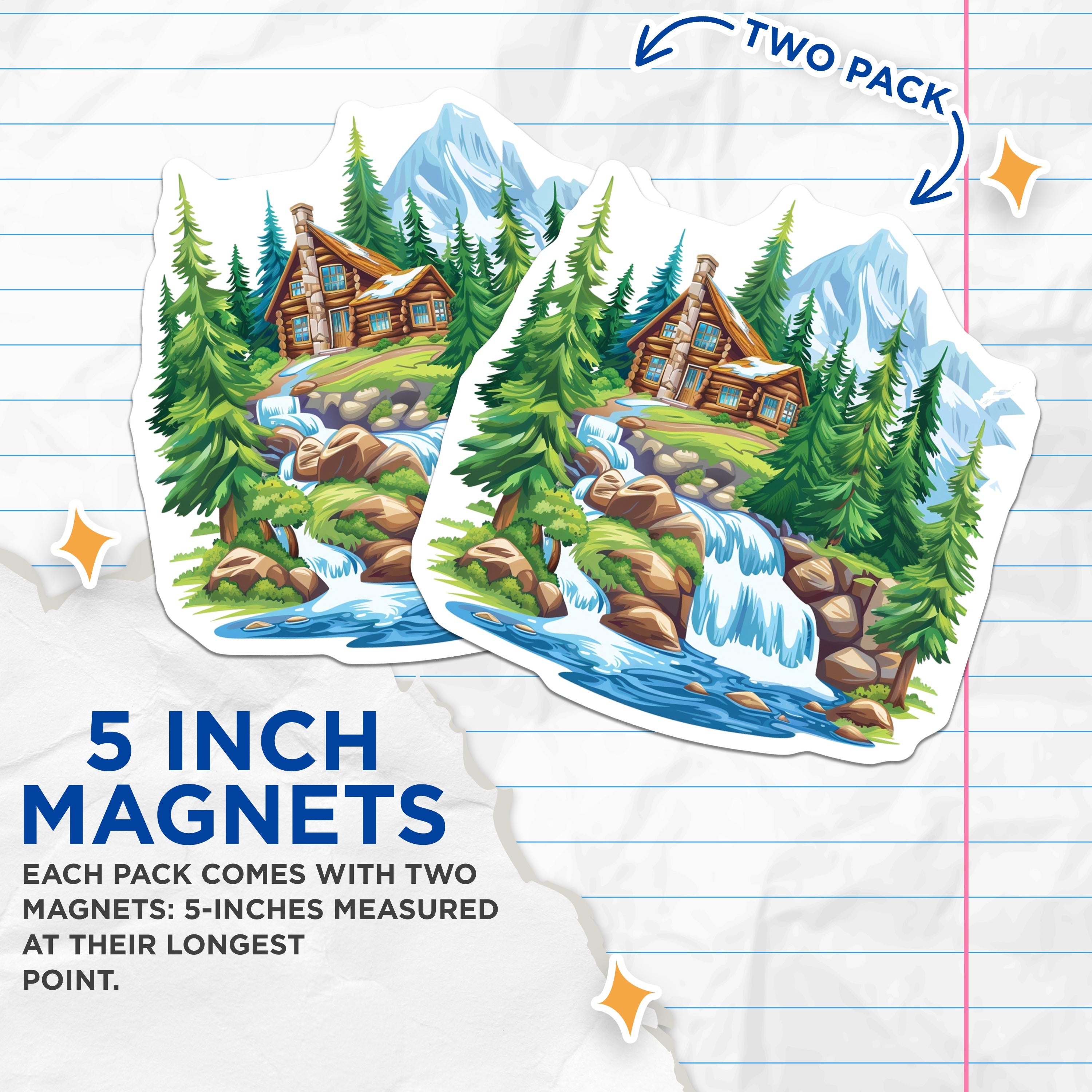 (2 Pack) Log Cabin Mountain Scene Magnets - Nature Landscape Decor - Rustic Woodland Fridge Magnet Set for Outdoorsy Home - 5 Inches On Longest Side - Thick Durable Magnet - Made in USA - MAG39609