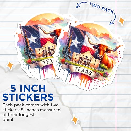 (2 Pack) Texas State Pride Stickers - Texas Flag Stickers - Alamo Texas Longhorn Stickers - 5" On Longest Side - Sticks to Smooth Flat Surfaces - Made in USA - BMCS6908