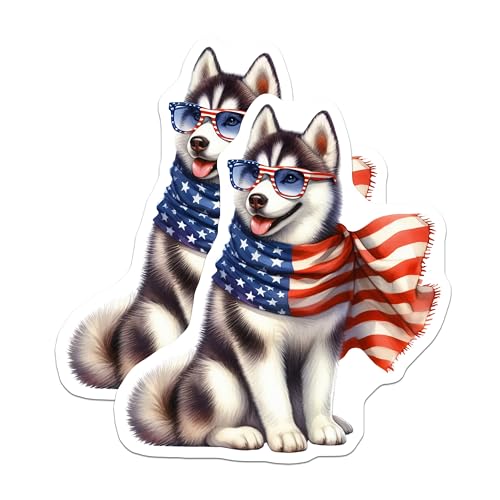 (2 Pack) Husky Dog Stickers - Cute Dog Wearing Glasses - Fun American Flag Dog Decal Art - 5" On Longest Side - Sticks to Smooth Flat Surfaces - Made in USA - BMCS6862
