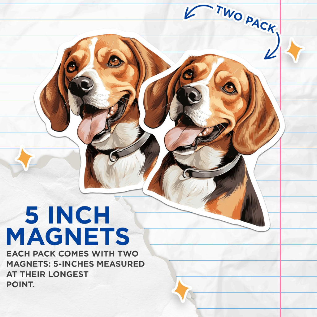 (2 Pack) Beagle Dog Magnets - Happy Canine Head Illustration - Pet Owner Kitchen Decor - Refrigerator Locker Accent - 5 Inches On Longest Side - Thick Durable Magnet - Made in USA - MAG27346
