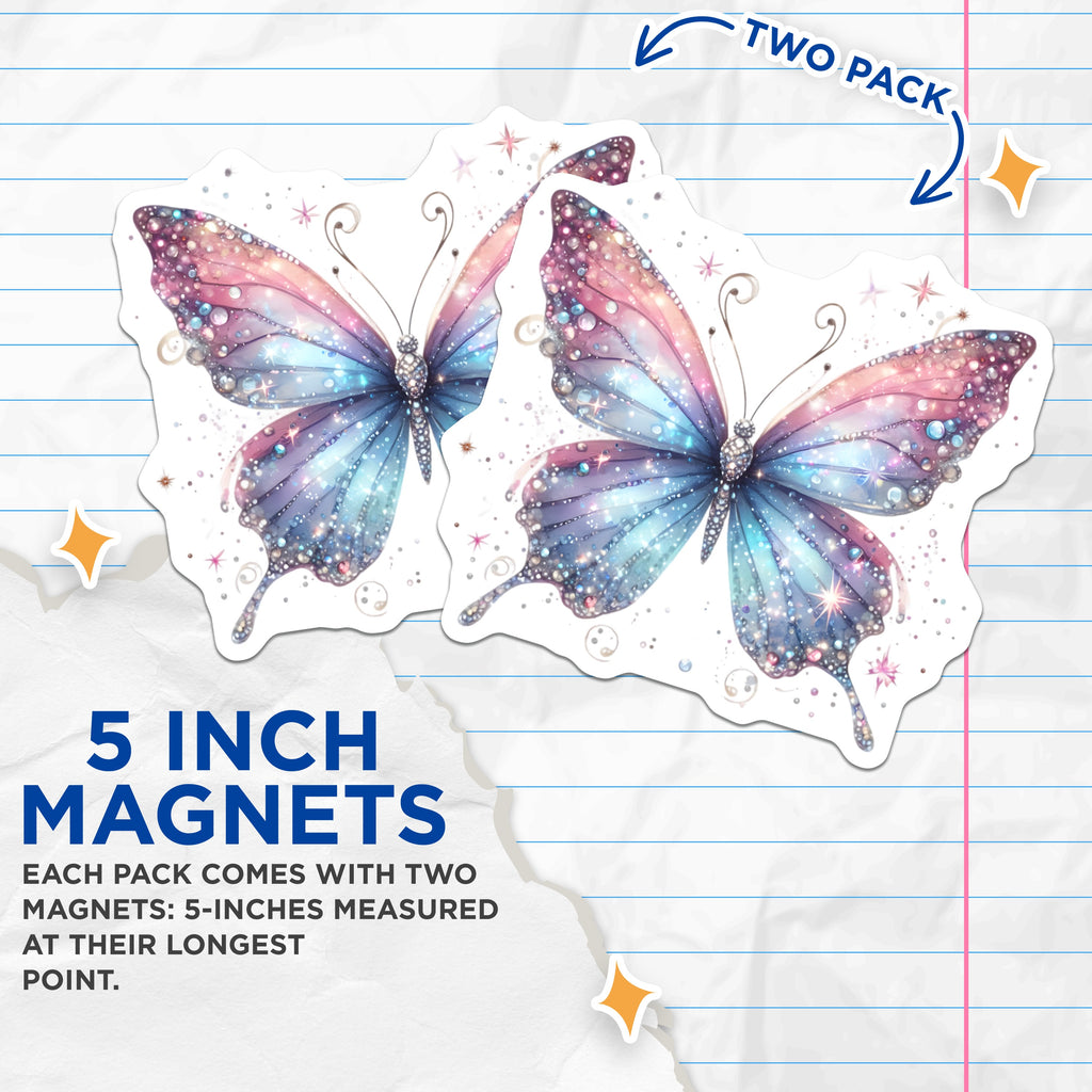 (2 Pack) Sparkle Butterfly Magnets - Iridescent Fairycore Decor - Whimsical Fridge Locker Art - Dreamy Nature Accessory - 5 Inches On Longest Side - Thick Durable Magnet - Made in USA - MAG37303