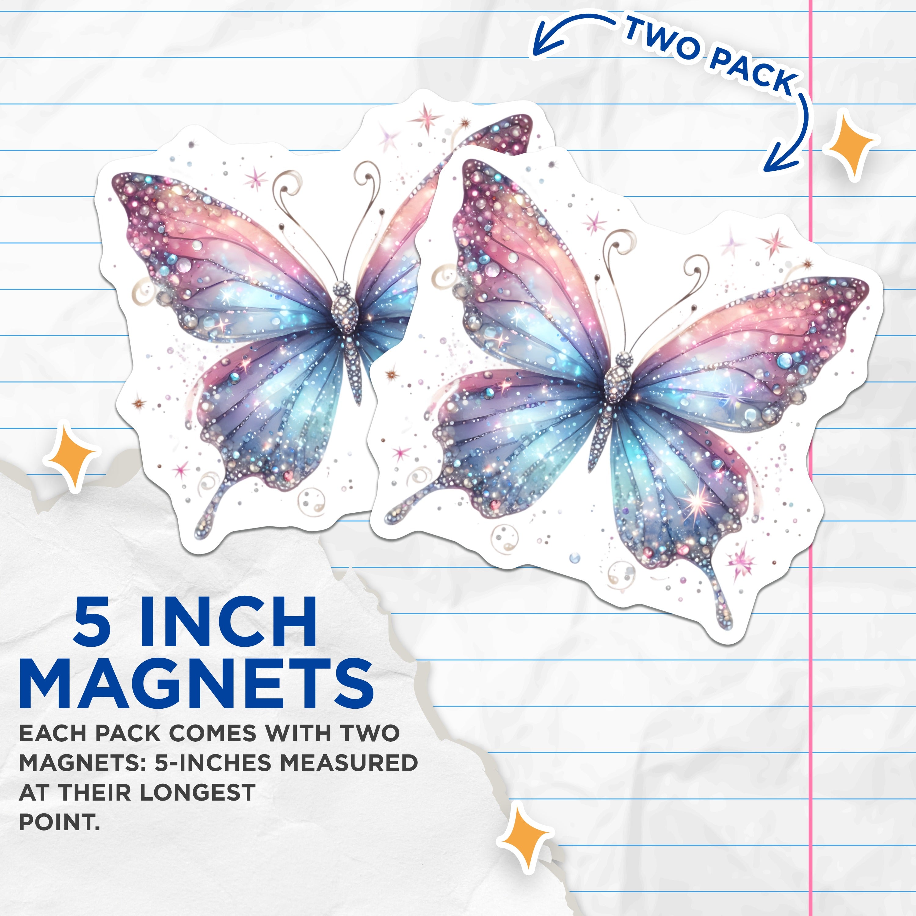 (2 Pack) Sparkle Butterfly Magnets - Iridescent Fairycore Decor - Whimsical Fridge Locker Art - Dreamy Nature Accessory - 5 Inches On Longest Side - Thick Durable Magnet - Made in USA - MAG37303