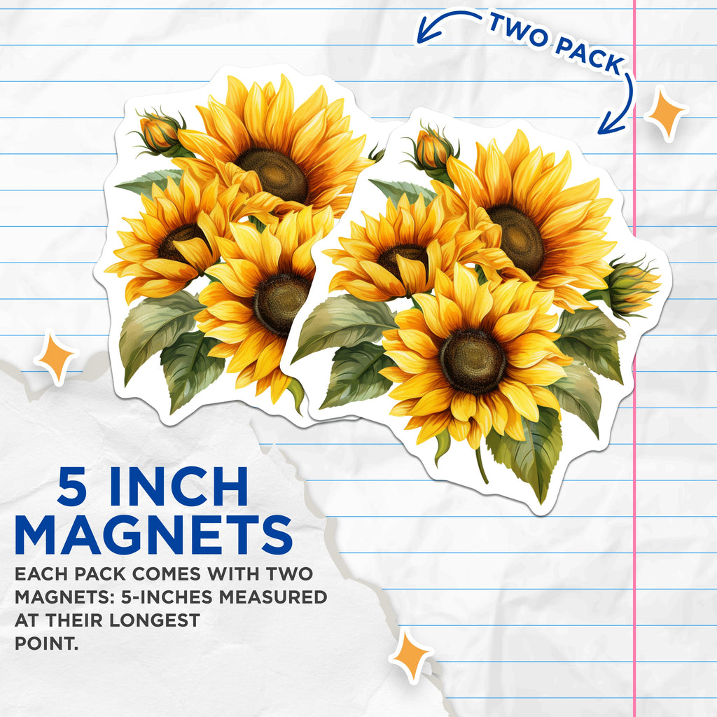 (2 Pack) Sunflower Magnets - Yellow Floral Fridge Decor - Botanical Kitchen Accent - 5 Inches On Longest Side - Thick Durable Magnet - Made in USA - MAG37760