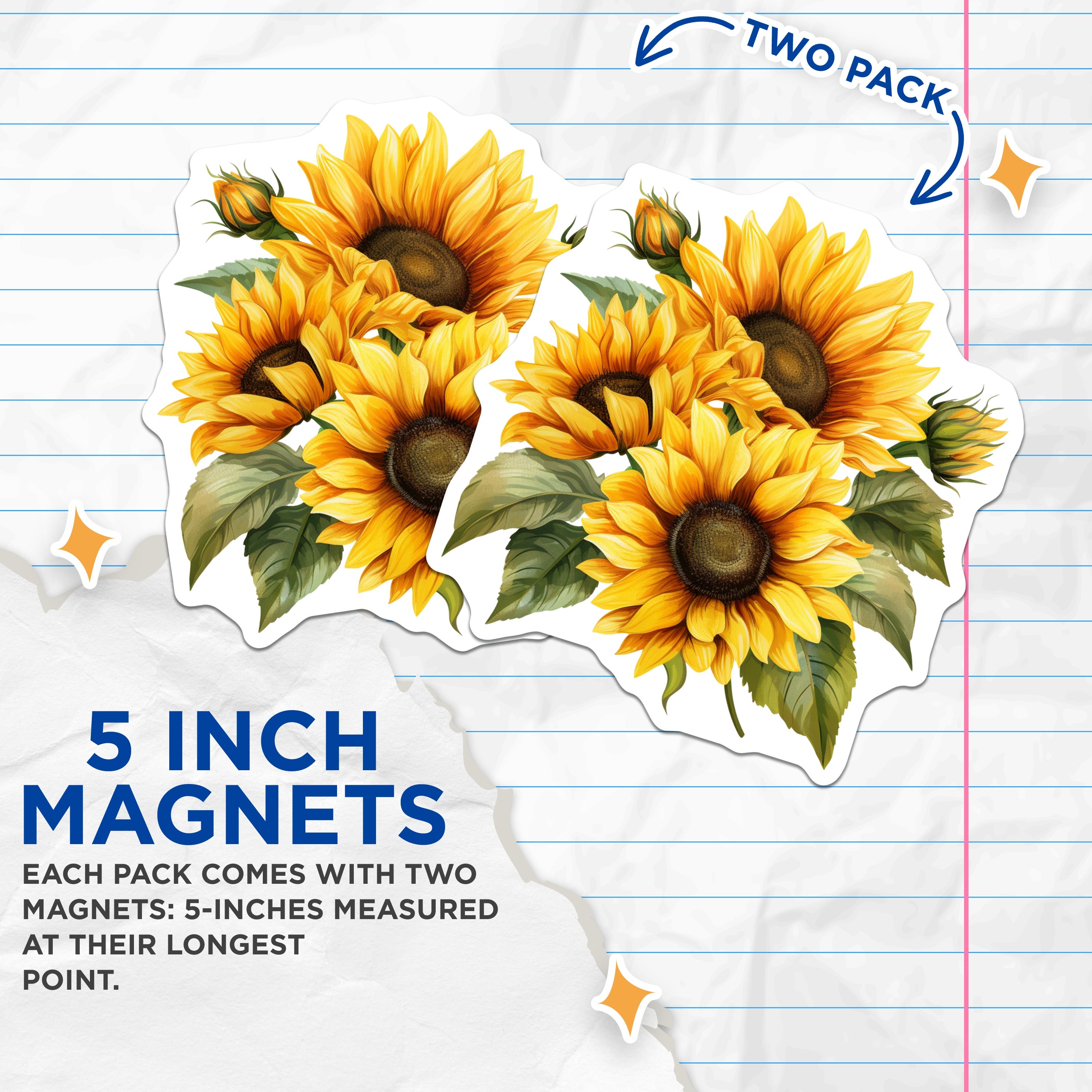 (2 Pack) Sunflower Magnets - Yellow Floral Fridge Decor - Botanical Kitchen Accent - 5 Inches On Longest Side - Thick Durable Magnet - Made in USA - MAG37760