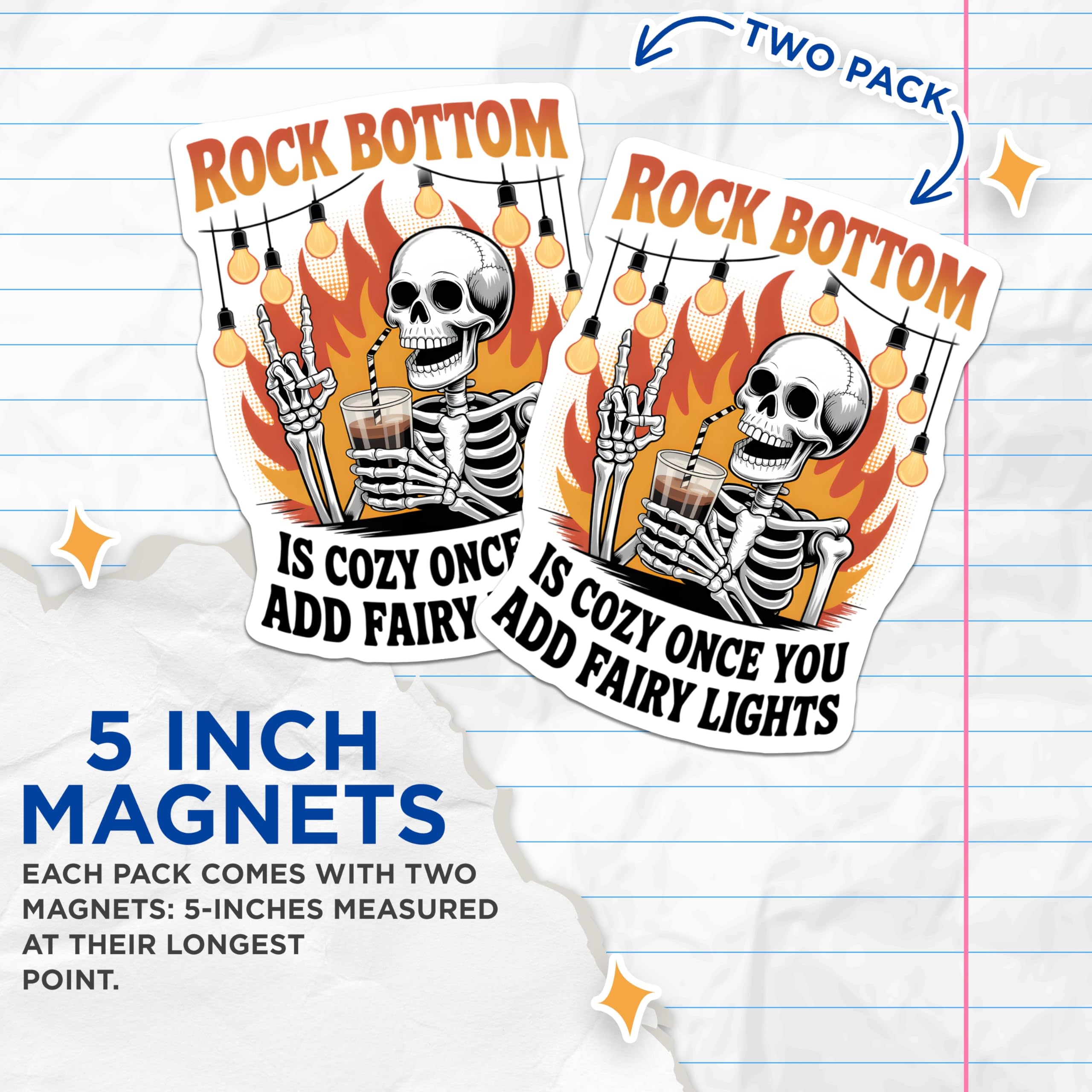 (2 Pack) Skeleton Magnets - Rock Bottom Quote Humor - Fairy Lights Art Decor - 5 Inches On Longest Side - Thick Durable Magnet - Made in USA - MAG20709