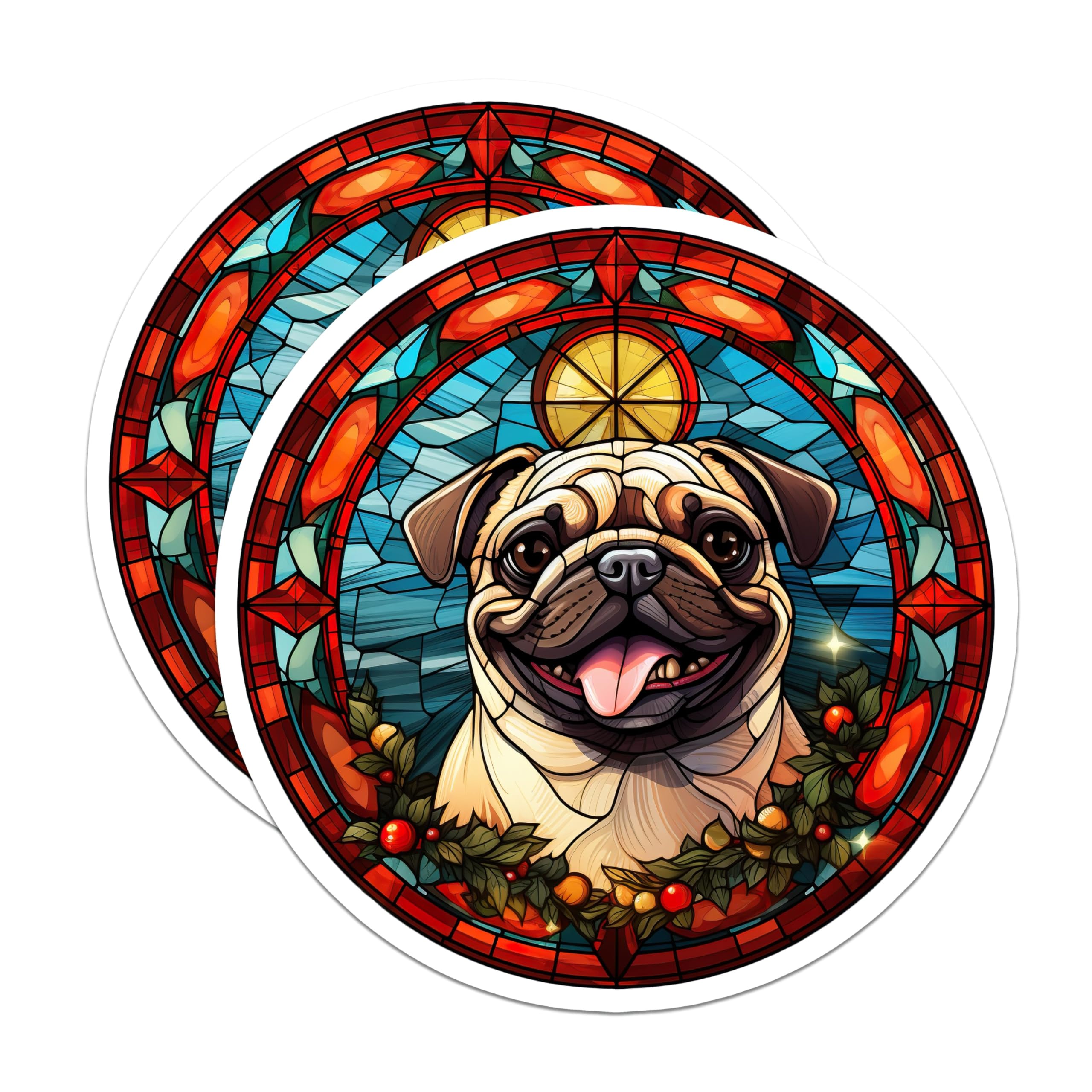 (2 Pack) Pug Stained Glass Magnets - Dog Lover Decor - Cute Animal Art - 5 Inches On Longest Side - Thick Durable Magnet - Made in USA - MAG25903