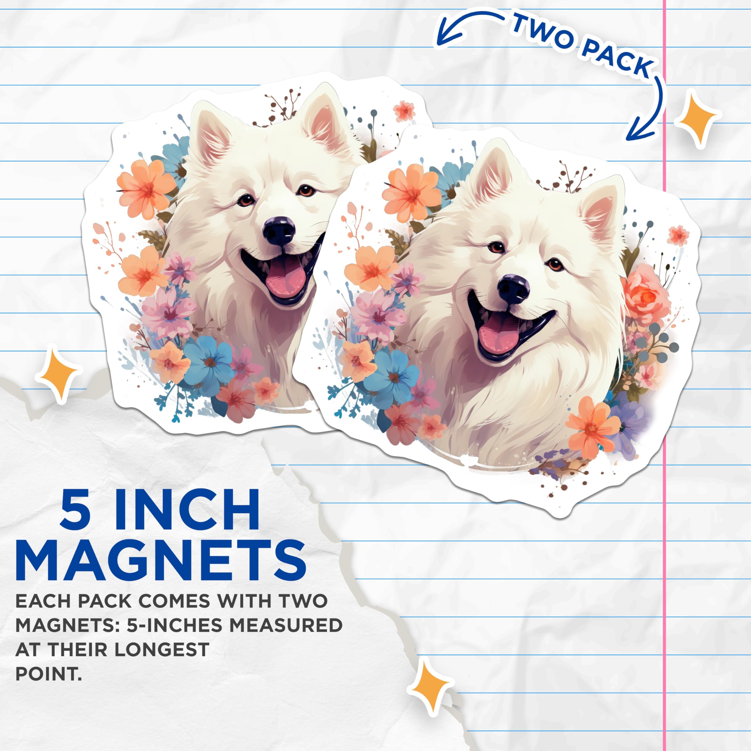 (2 Pack) Samoyed Dog Magnets - Floral Pet Lover - Happy White Puppy Decor - Refrigerator Display for Dog Owners - 5 Inches On Longest Side - Thick Durable Magnet - Made in USA - MAG29847