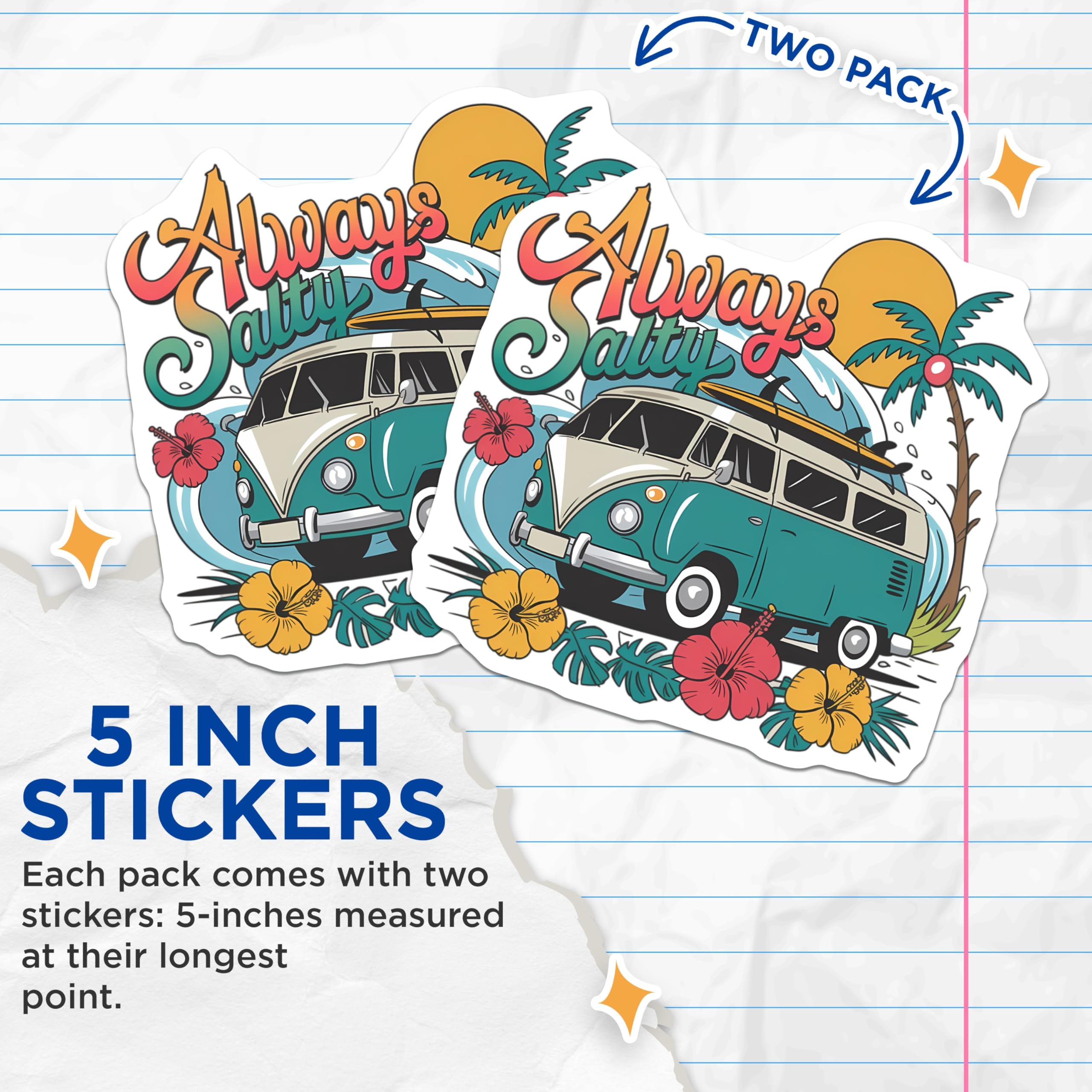 (2 Pack) Always Salty Stickers - Surf Van Decal - Tropical Beach Sticker - 5" On Longest Side - Sticks to Smooth Flat Surfaces - Made in USA - BMCS9424