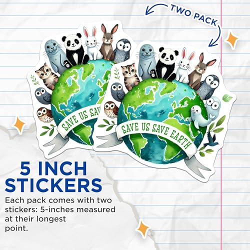 (2 Pack) Save Us Save Earth Stickers - Cute Animal - Eco-Friendly - 5" On Longest Side - Sticks to Smooth Flat Surfaces - Made in USA - BMCS7701