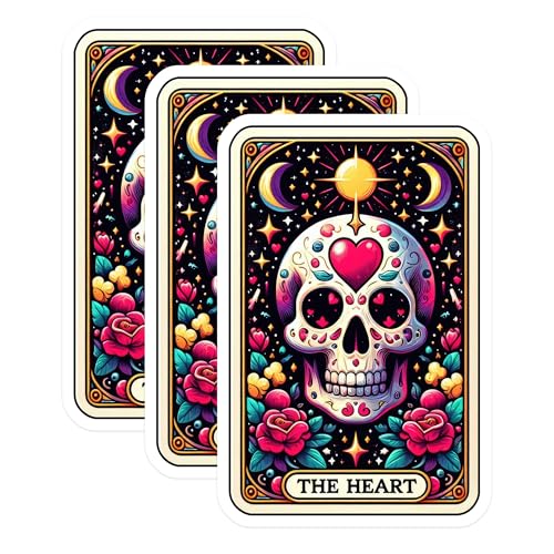 (3 Pack) Heart Skull Tarot Decals - Laptop Decal - Sugar Skull Decals - 3 Inches On Longest Side - Easy Peel & Apply - Made in USA - 3MCS4194