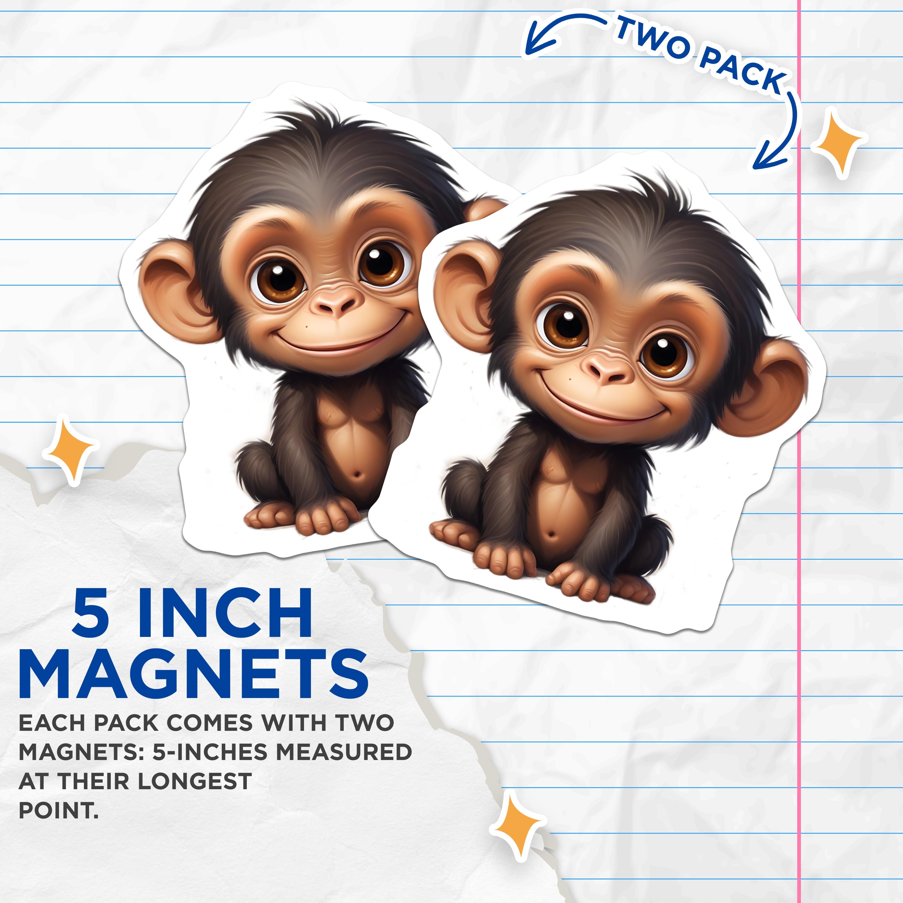 (2 Pack) Cute Baby Monkey Magnets - Adorable Chimp Animal Fridge - Nursery Decor Kawaii Locker - 5 Inches On Longest Side - Thick Durable Magnet - Made in USA - MAG38764