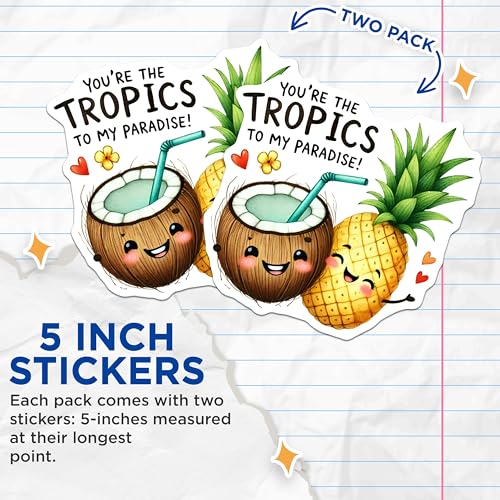 (2 Pack) Tropical Fruit Stickers - Pineapple and Coconut - 5" On Longest Side - Sticks to Smooth Flat Surfaces - Made in USA - BMCS8759 - BMCS8759