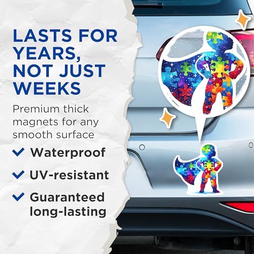 (2 Pack) Superhero Puzzle Piece Magnets - Child Autism Awareness - 5" On Longest Side - for Cars, Fridges, Toolboxes - Made in USA - MAG7890