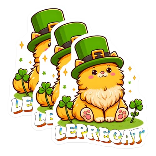 (3 Pack) Leprechaun Cat Decals - St Patricks Day Decals - Laptop Decal - 3 Inches On Longest Side - Easy Peel & Apply - Made in USA - 3MCS6873