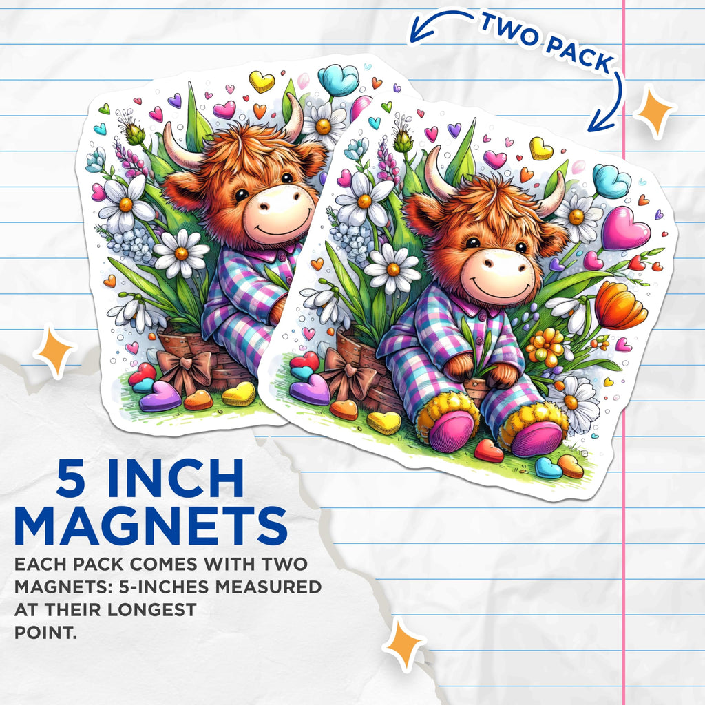 (2 Pack) Highland Cow Magnets - Cartoon Animal Magnet - Cute Plush Magnets - 5" On Longest Side - Premium Magnet - for Cars, Refrigerators, Toolboxes, Lockers - Made in USA - MAG14774