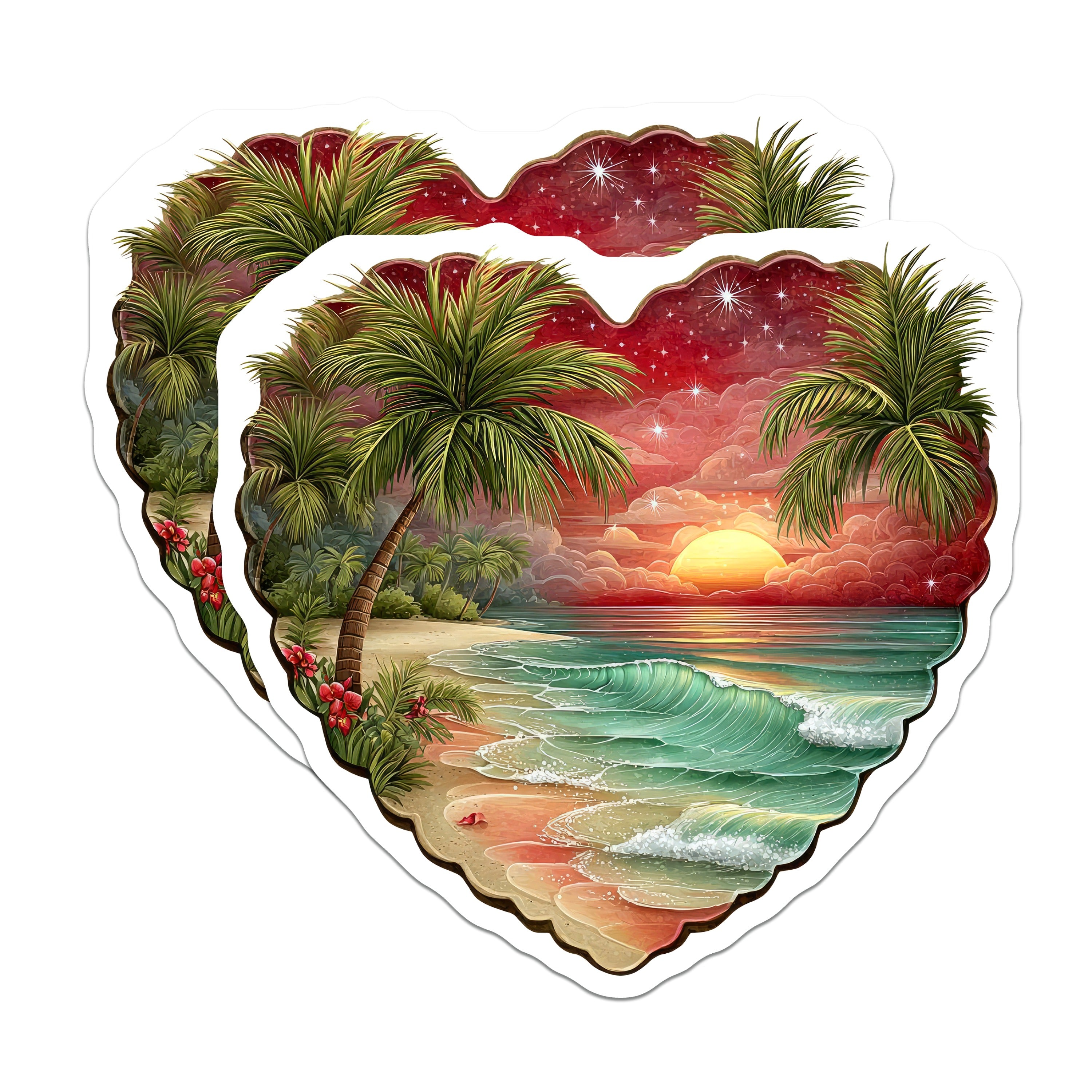(2 Pack) Tropical Sunset Beach Magnets - Heart Palm Tree Ocean Aesthetic - Vacation Paradise Home Decor - 5 Inches On Longest Side - Thick Durable Magnet - Made in USA - MAG38050