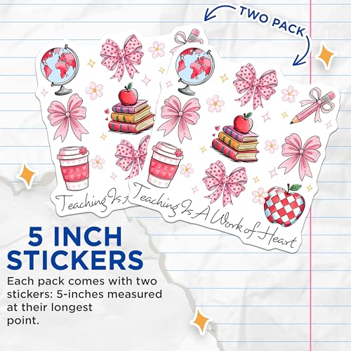 (2 Pack) Teaching is A Work of Heart Stickers - Teacher Appreciation - Cute Bow and Apple Designs - 5" On Longest Side - Sticks to Smooth Flat Surfaces - Made in USA - BMCS7652